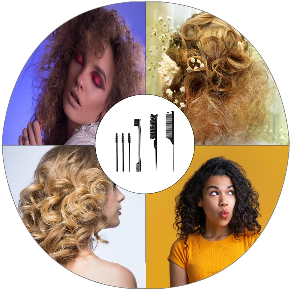 6 Stück Haarkamm-Set, Borsten Haarbürste Kamm Pflege Kanten Bürste, Kämme Robuster Rattenschwanz Kamm, Sleek Bun Bürste, Edges Brush, Borsten Bürste Haare, Geeignet für Friseure und Damen (Schwarz)