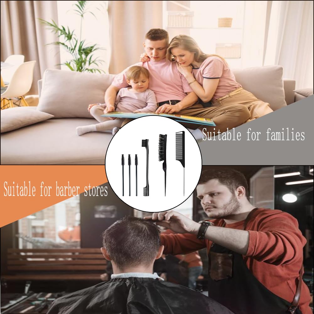 6 Stück Haarkamm-Set, Borsten Haarbürste Kamm Pflege Kanten Bürste, Kämme Robuster Rattenschwanz Kamm, Sleek Bun Bürste, Edges Brush, Borsten Bürste Haare, Geeignet für Friseure und Damen (Schwarz)