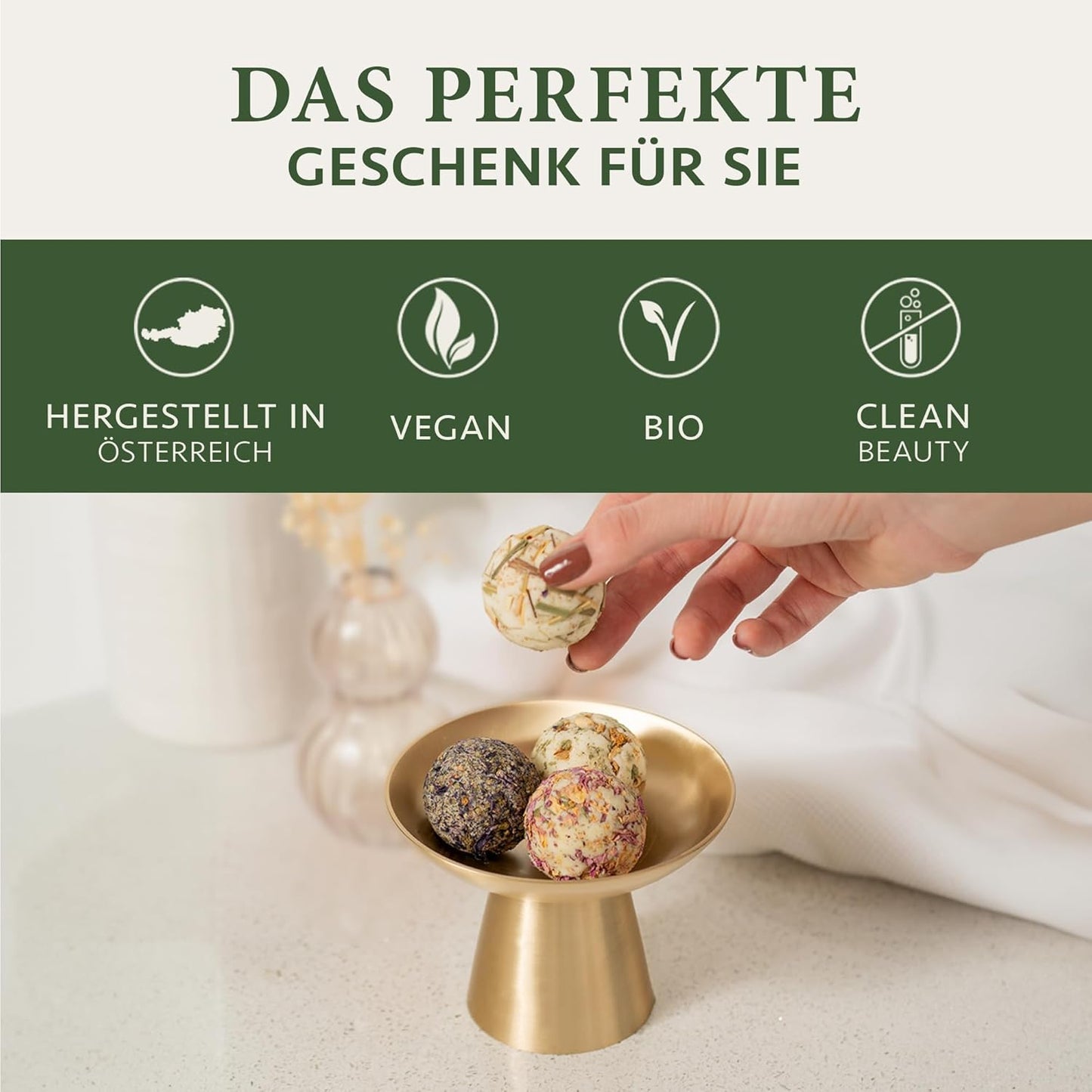 Satin Naturel 4 Luxuriöse BIO Badebomben Vegan - Muttertagsgeschenk - Wellness Geschenke für Frauen - Premium Badekugeln - Geburtstagsgeschenk für Frauen - Luxus-Geschenkbox