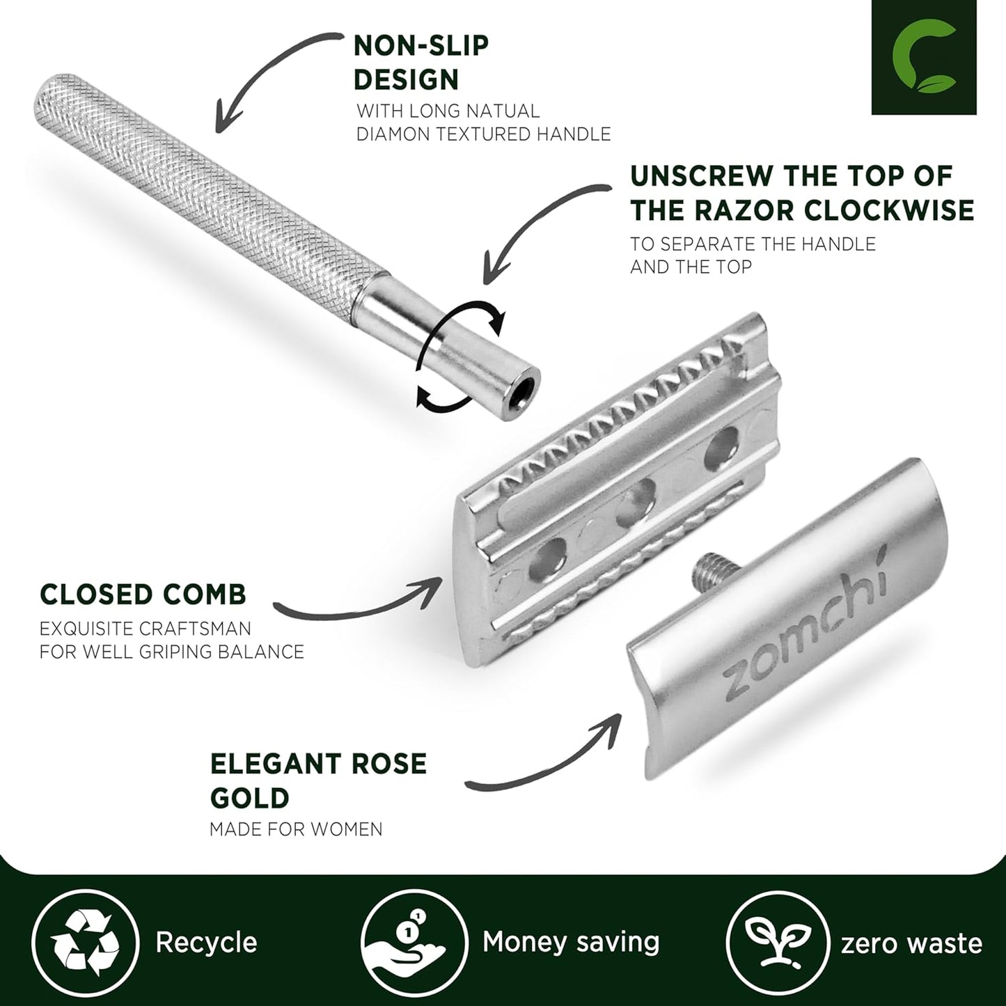Rasierhobel Herren und Damen, Rasierhobel Metall, Zero Waste Safety Razor, Rasierhobel Geschlossener Kamm, Naßrasierer Herren und Damen, Bodyrasierer für Männer und Frauen, Metall Rasierer Plastikfrei