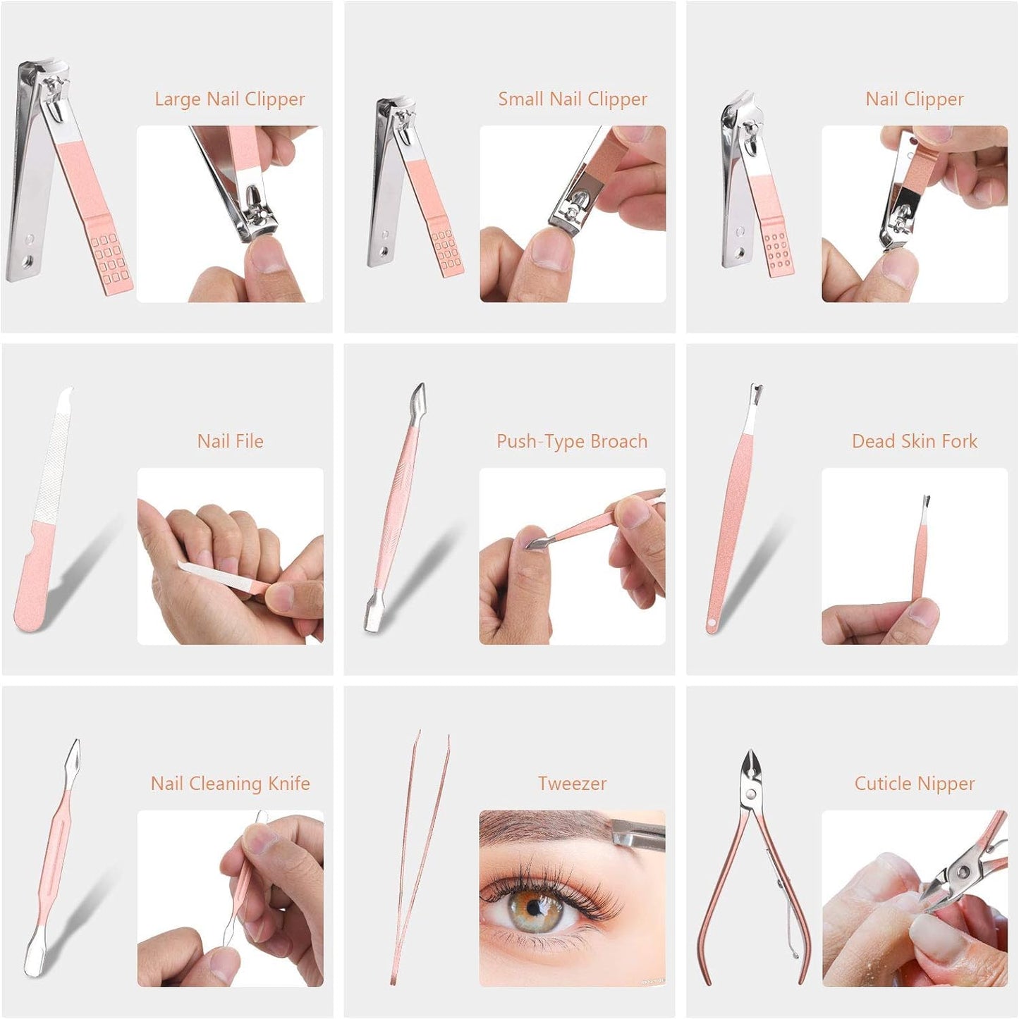 URAQT Nagelknipser, 18-teiliges Maniküre Pediküre Set, Damen Edelstahl Werkzeuge, Professionelle Beauty Nagelpflege Kit für Zuhause, Reisen (Roségold)