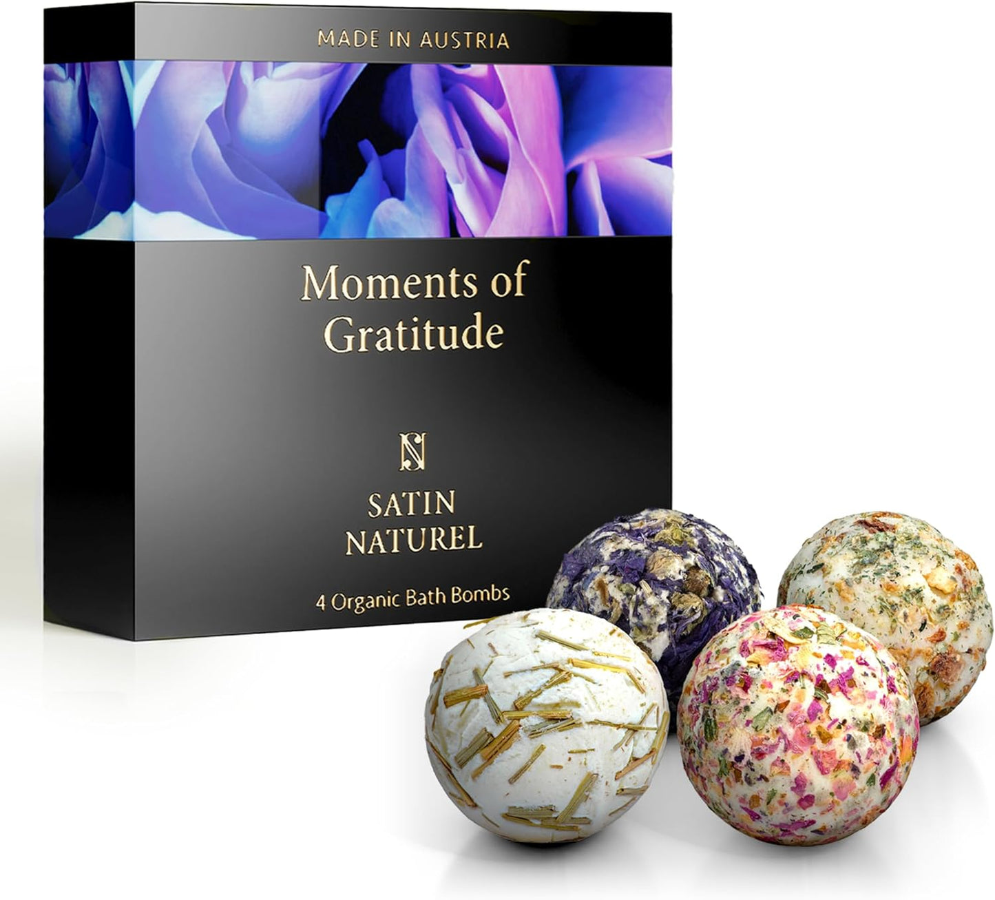 Satin Naturel 4 Luxuriöse BIO Badebomben Vegan - Muttertagsgeschenk - Wellness Geschenke für Frauen - Premium Badekugeln - Geburtstagsgeschenk für Frauen - Luxus-Geschenkbox