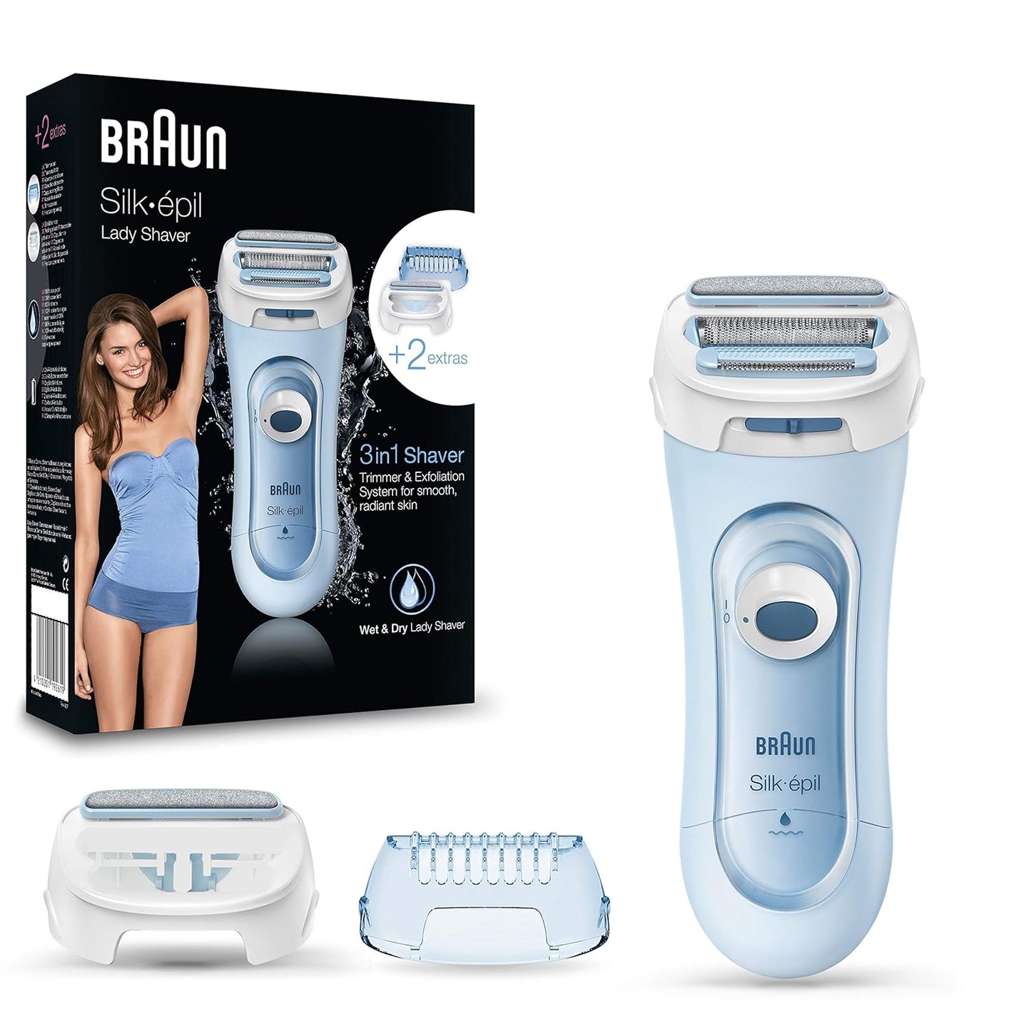 Braun Silk-épil Lady Shaver, Damenrasierer elektrisch, 3-in-1 Elektrischer Rasierer, Trimmer- und Peeling-System, Wet&Dry, 5160, blau
