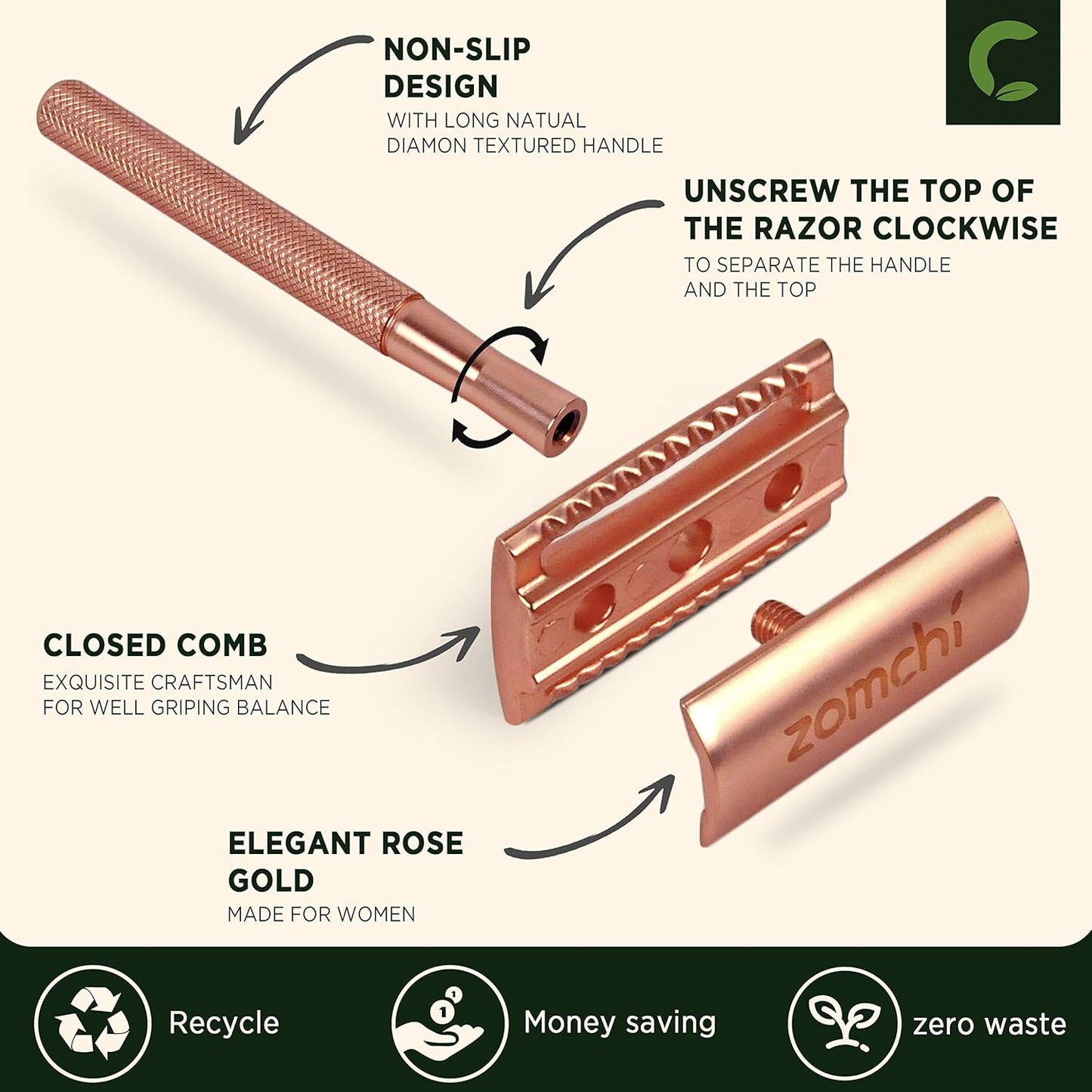 Rasierhobel Herren und Damen, Rasierhobel Metall, Zero Waste Safety Razor, Rasierhobel Geschlossener Kamm, Naßrasierer Herren und Damen, Bodyrasierer für Männer und Frauen, Metall Rasierer Plastikfrei
