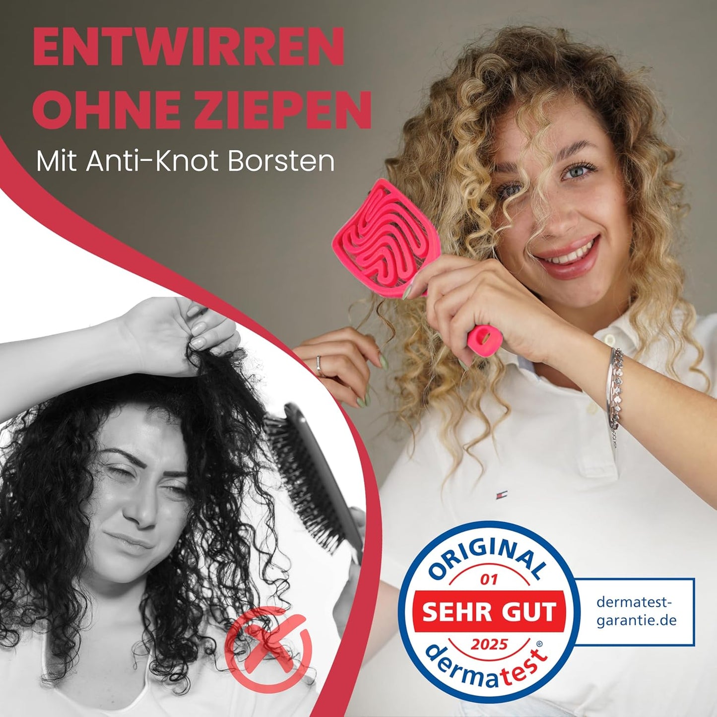 Haarbürste ohne Ziepen – NEUHEIT 2025 – Entwirrbürste & Detangler Bürste für Damen, Herren & Kinder, für Locken, nasse, feine & lange Haare, Hair Brush - Rot
