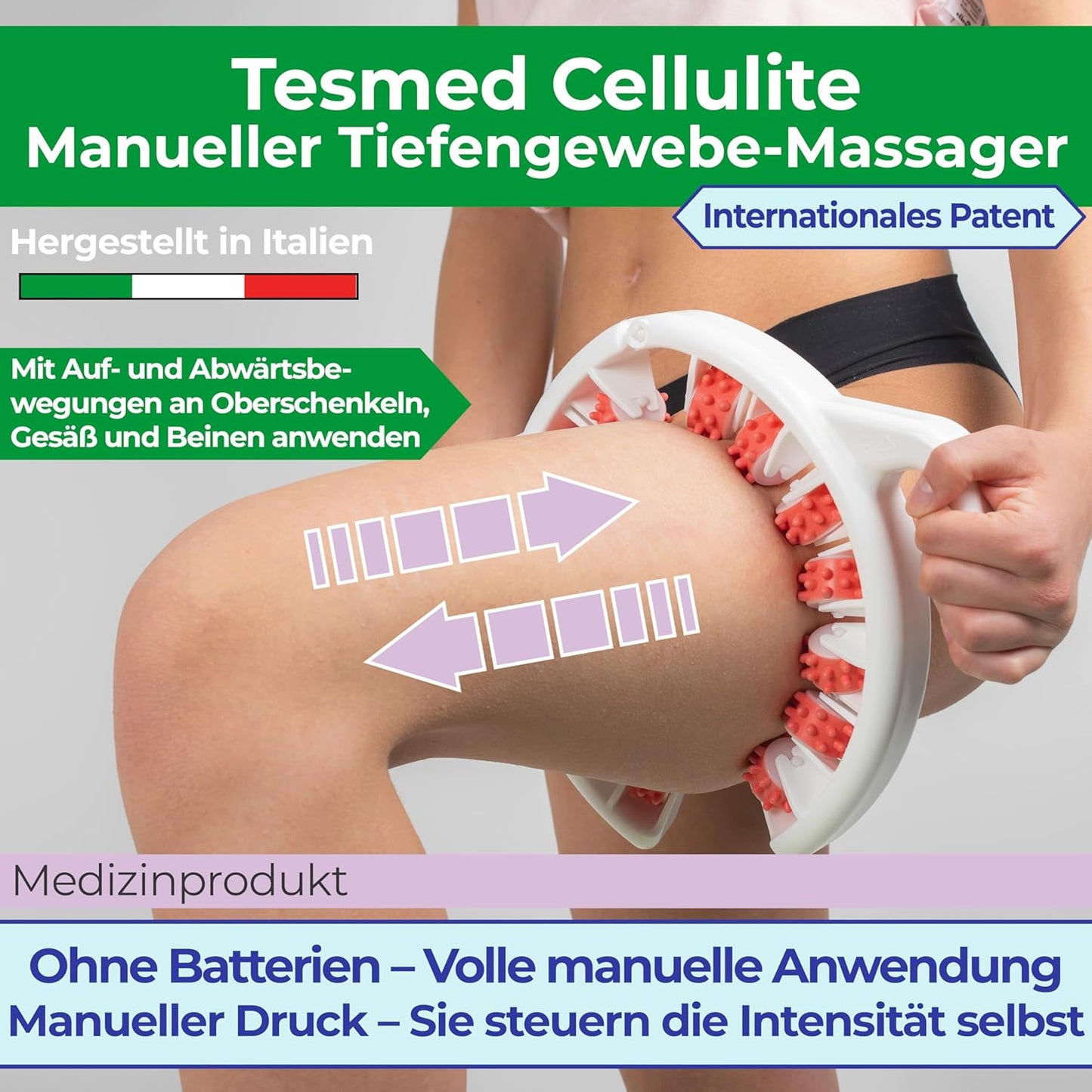 Manuelles Anti-Cellulite Massagegerät, Made in Italy, patentiert, mit mechanischer Dreifachwirkung und Rollen, die die Haut anheben, komprimieren und dehnen, Oberschenkel und Gesäß