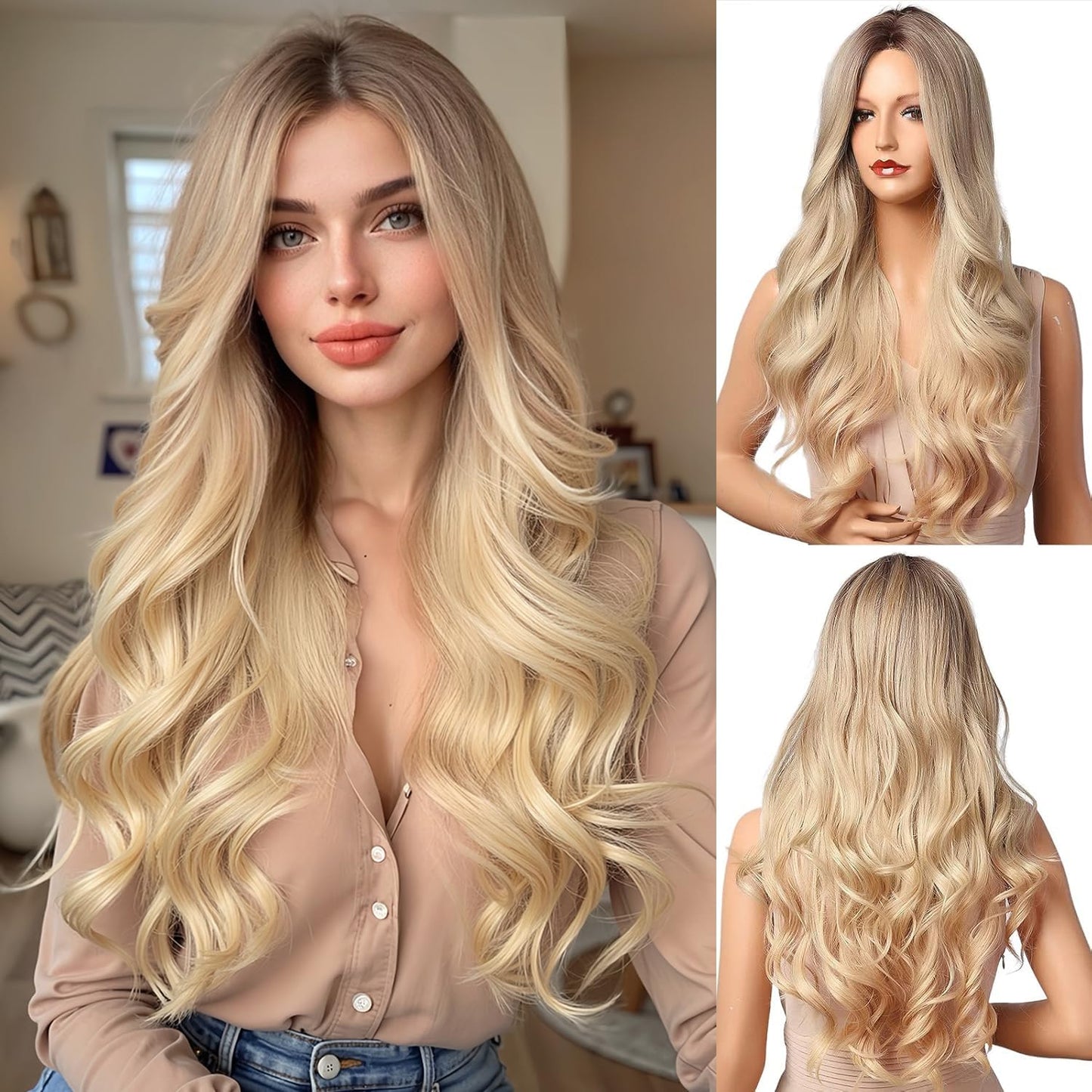 Lange Lockige Ombre Braun zu Blond Perücken für Frauen Synthetisches Haar Hitzebeständig Ombre Perücke für Tägliche Party Cosplay Verwendung