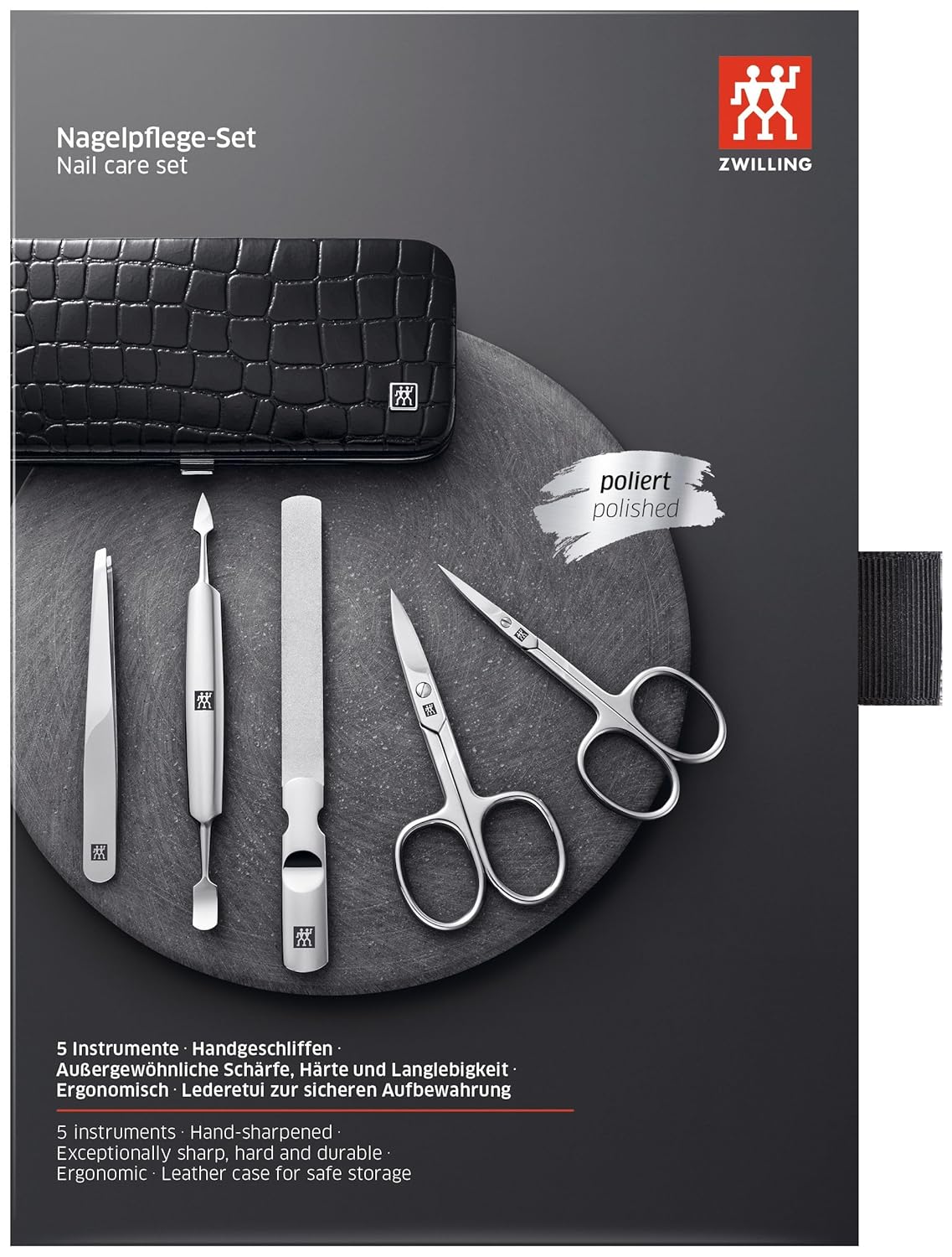 ZWILLING Maniküreset (5 Teilig, für Pflege der Finger- und Fußnägel, Echt Leder Etui mit Metallrahmen), Edelstahl Poliert, Kroko Edition, Rot