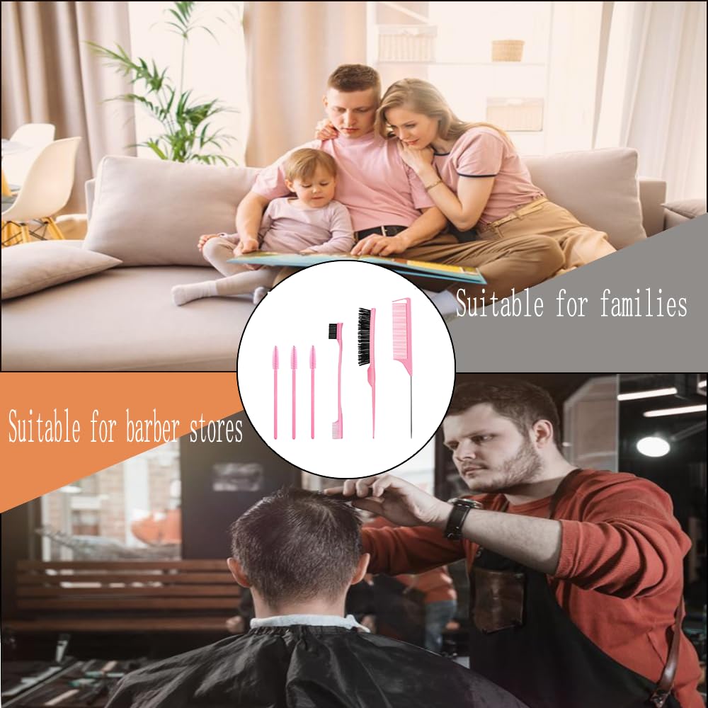 6 Stück Haarkamm-Set, Borsten Haarbürste Kamm Pflege Kanten Bürste, Kämme Robuster Rattenschwanz Kamm, Sleek Bun Bürste, Edges Brush, Borsten Bürste Haare, Geeignet für Friseure und Damen (Schwarz)