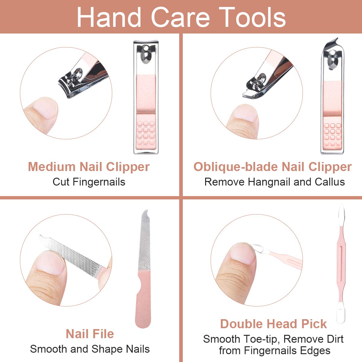 URAQT Nagelknipser, 18-teiliges Maniküre Pediküre Set, Damen Edelstahl Werkzeuge, Professionelle Beauty Nagelpflege Kit für Zuhause, Reisen (Roségold)