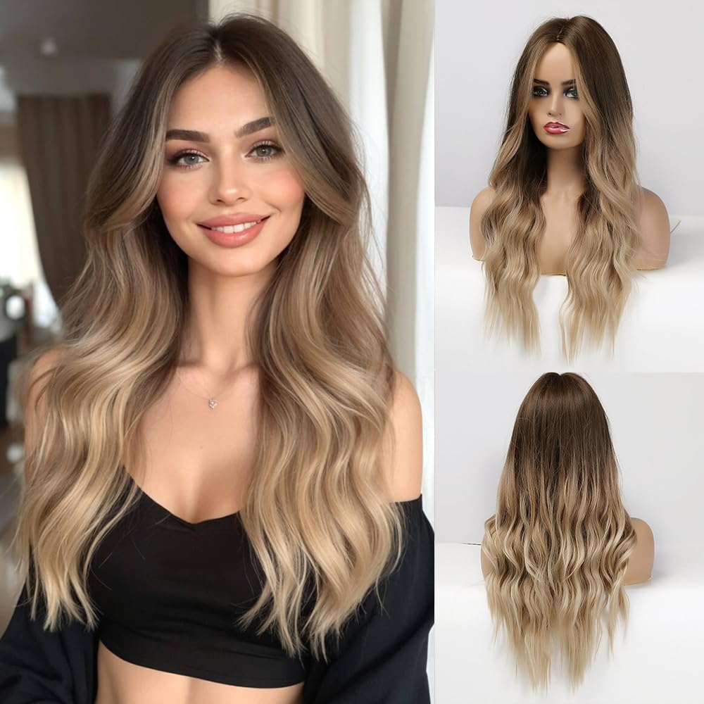 Lange Lockige Ombre Braun zu Blond Perücken für Frauen Synthetisches Haar Hitzebeständig Ombre Perücke für Tägliche Party Cosplay Verwendung