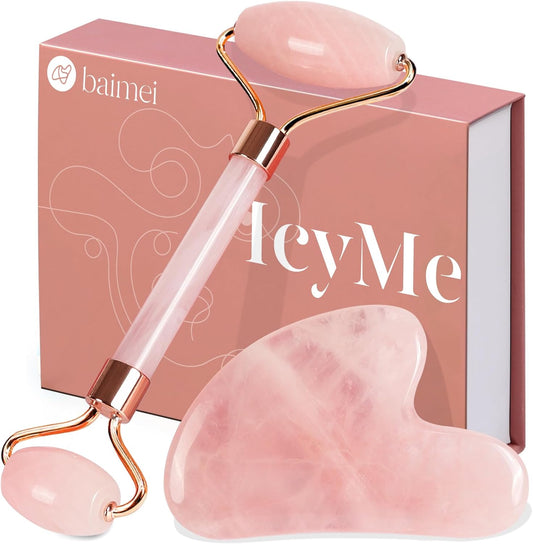 Gua Sha Stein und Gesichtsroller Rosenquarz，Guasha Set Beauty Massager, Jade Roller, Verbesserung Von Feinen Linien，Geschenk für Frauen