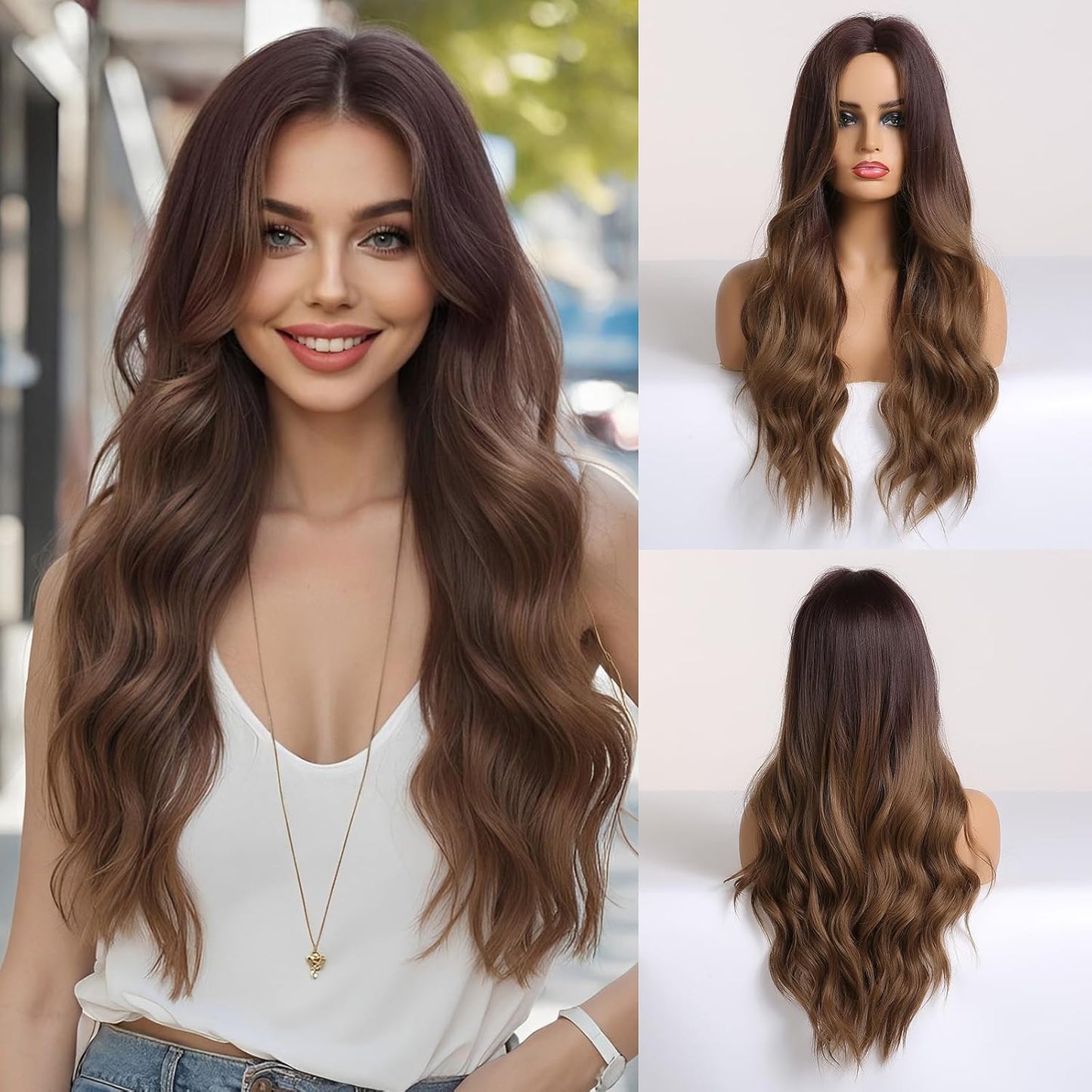 Lange Lockige Ombre Braun zu Blond Perücken für Frauen Synthetisches Haar Hitzebeständig Ombre Perücke für Tägliche Party Cosplay Verwendung