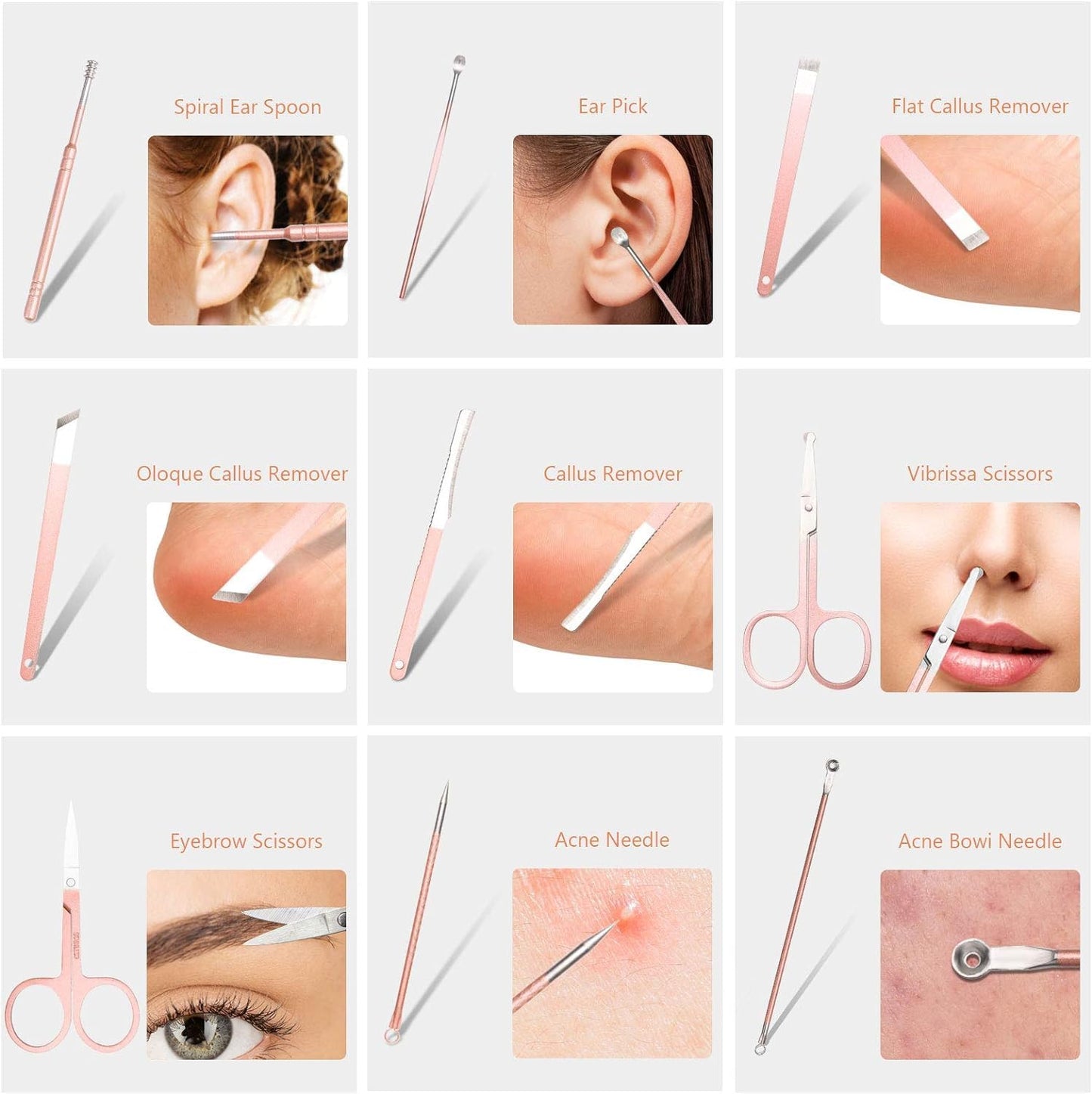 URAQT Nagelknipser, 18-teiliges Maniküre Pediküre Set, Damen Edelstahl Werkzeuge, Professionelle Beauty Nagelpflege Kit für Zuhause, Reisen (Roségold)