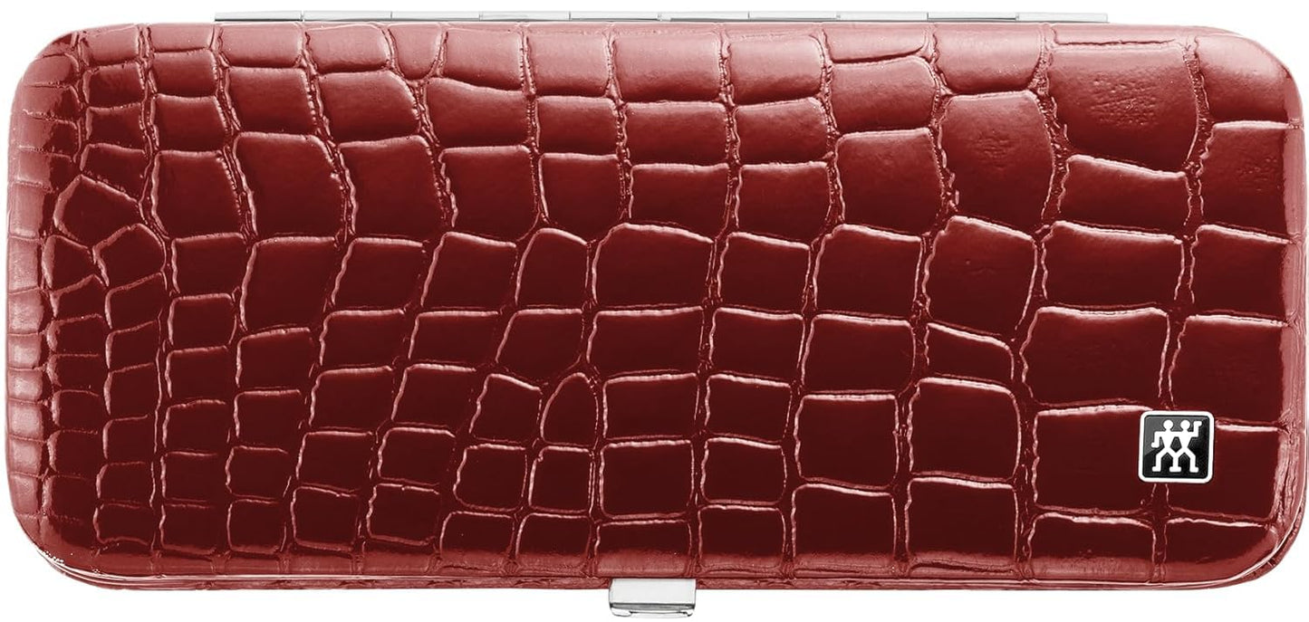 ZWILLING Maniküreset (5 Teilig, für Pflege der Finger- und Fußnägel, Echt Leder Etui mit Metallrahmen), Edelstahl Poliert, Kroko Edition, Rot