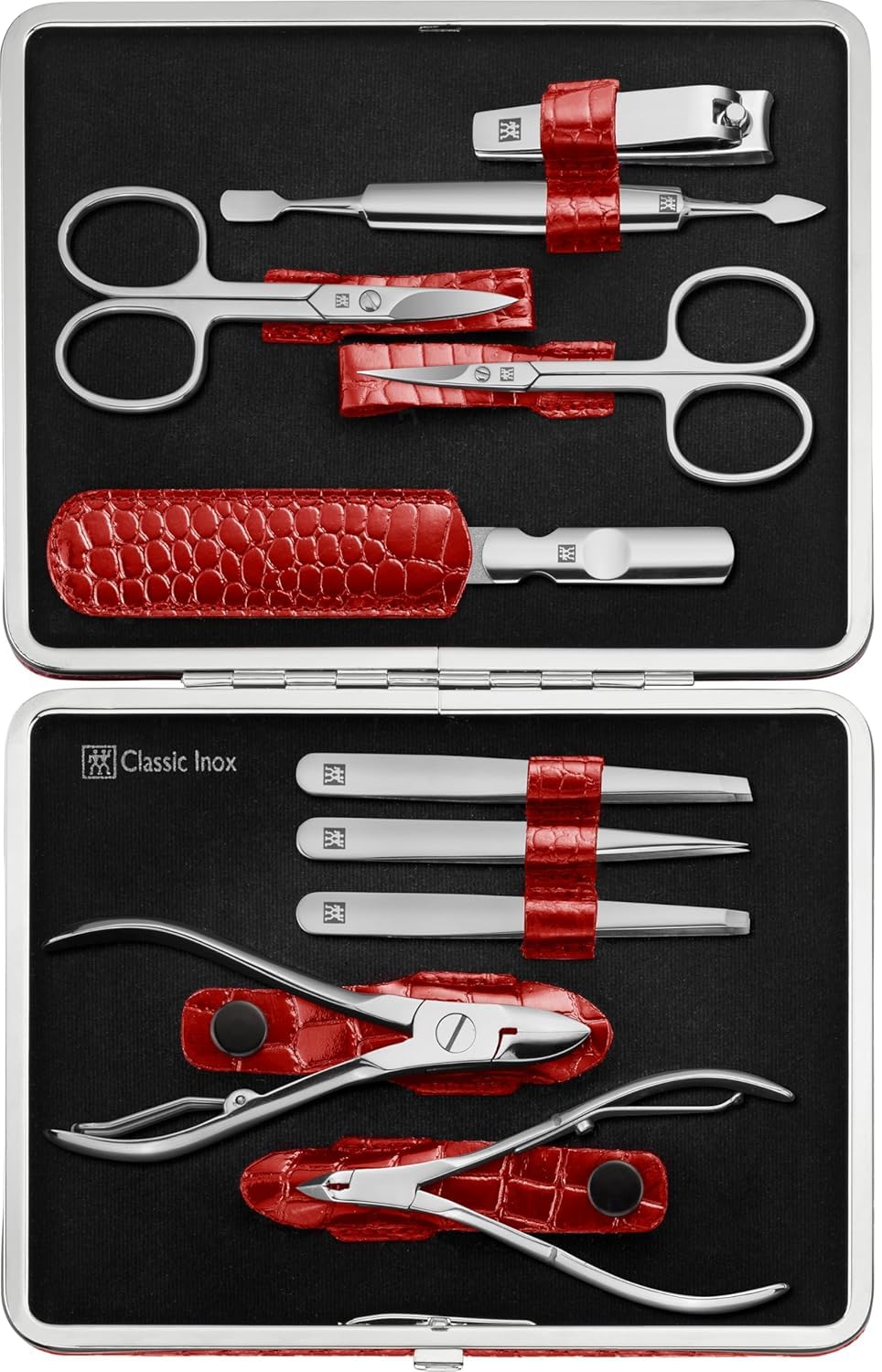 ZWILLING Maniküreset (5 Teilig, für Pflege der Finger- und Fußnägel, Echt Leder Etui mit Metallrahmen), Edelstahl Poliert, Kroko Edition, Rot