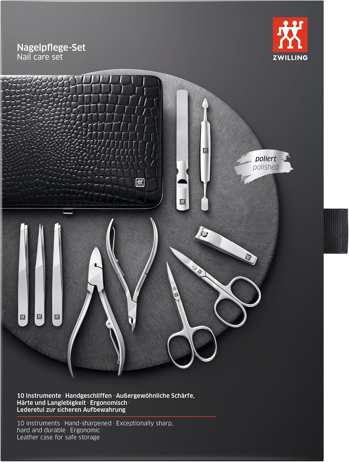 ZWILLING Maniküreset (5 Teilig, für Pflege der Finger- und Fußnägel, Echt Leder Etui mit Metallrahmen), Edelstahl Poliert, Kroko Edition, Rot