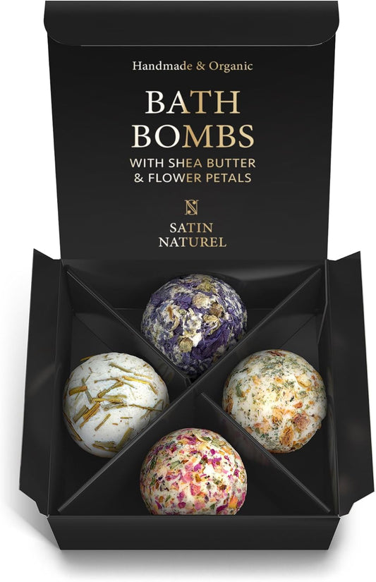 Satin Naturel 4 Luxuriöse BIO Badebomben Vegan - Muttertagsgeschenk - Wellness Geschenke für Frauen - Premium Badekugeln - Geburtstagsgeschenk für Frauen - Luxus-Geschenkbox