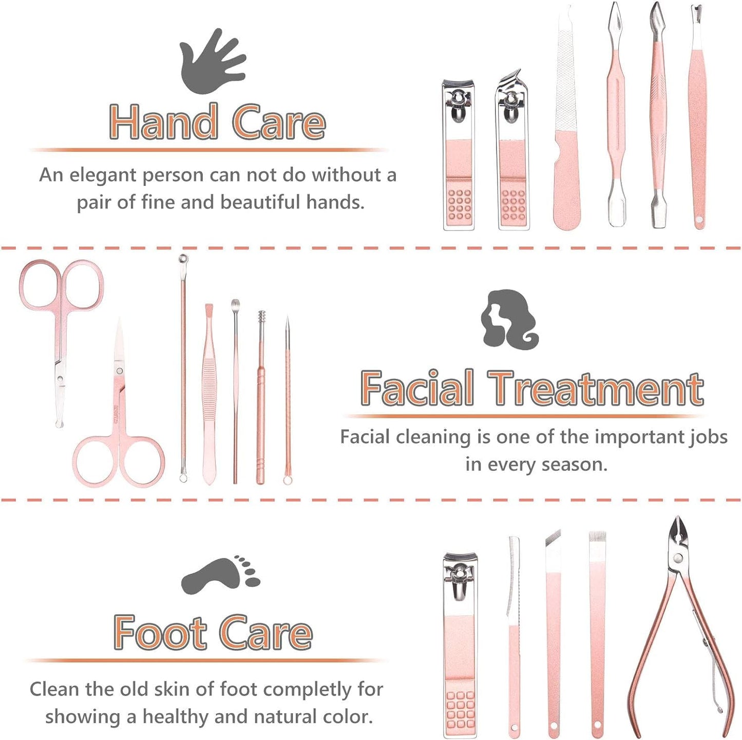 URAQT Nagelknipser, 18-teiliges Maniküre Pediküre Set, Damen Edelstahl Werkzeuge, Professionelle Beauty Nagelpflege Kit für Zuhause, Reisen (Roségold)