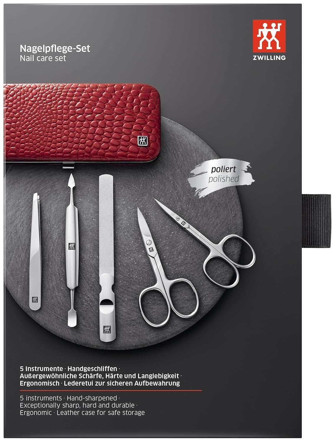 ZWILLING Maniküreset (5 Teilig, für Pflege der Finger- und Fußnägel, Echt Leder Etui mit Metallrahmen), Edelstahl Poliert, Kroko Edition, Rot