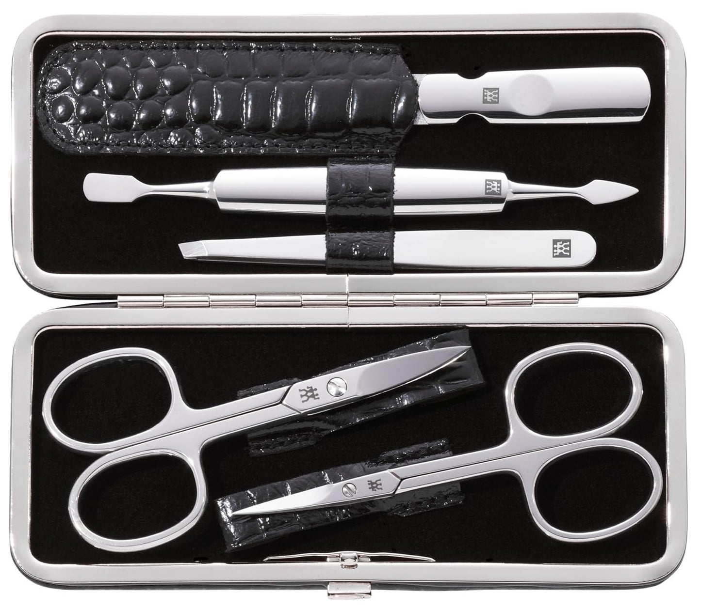 ZWILLING Maniküreset (5 Teilig, für Pflege der Finger- und Fußnägel, Echt Leder Etui mit Metallrahmen), Edelstahl Poliert, Kroko Edition, Rot