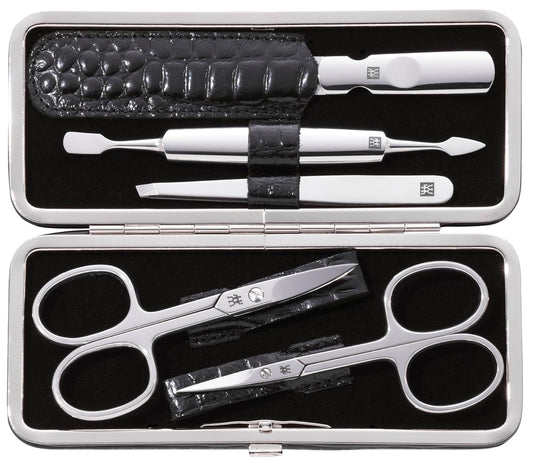 ZWILLING Maniküreset (5 Teilig, für Pflege der Finger- und Fußnägel, Echt Leder Etui mit Metallrahmen), Edelstahl Poliert, Kroko Edition, Rot