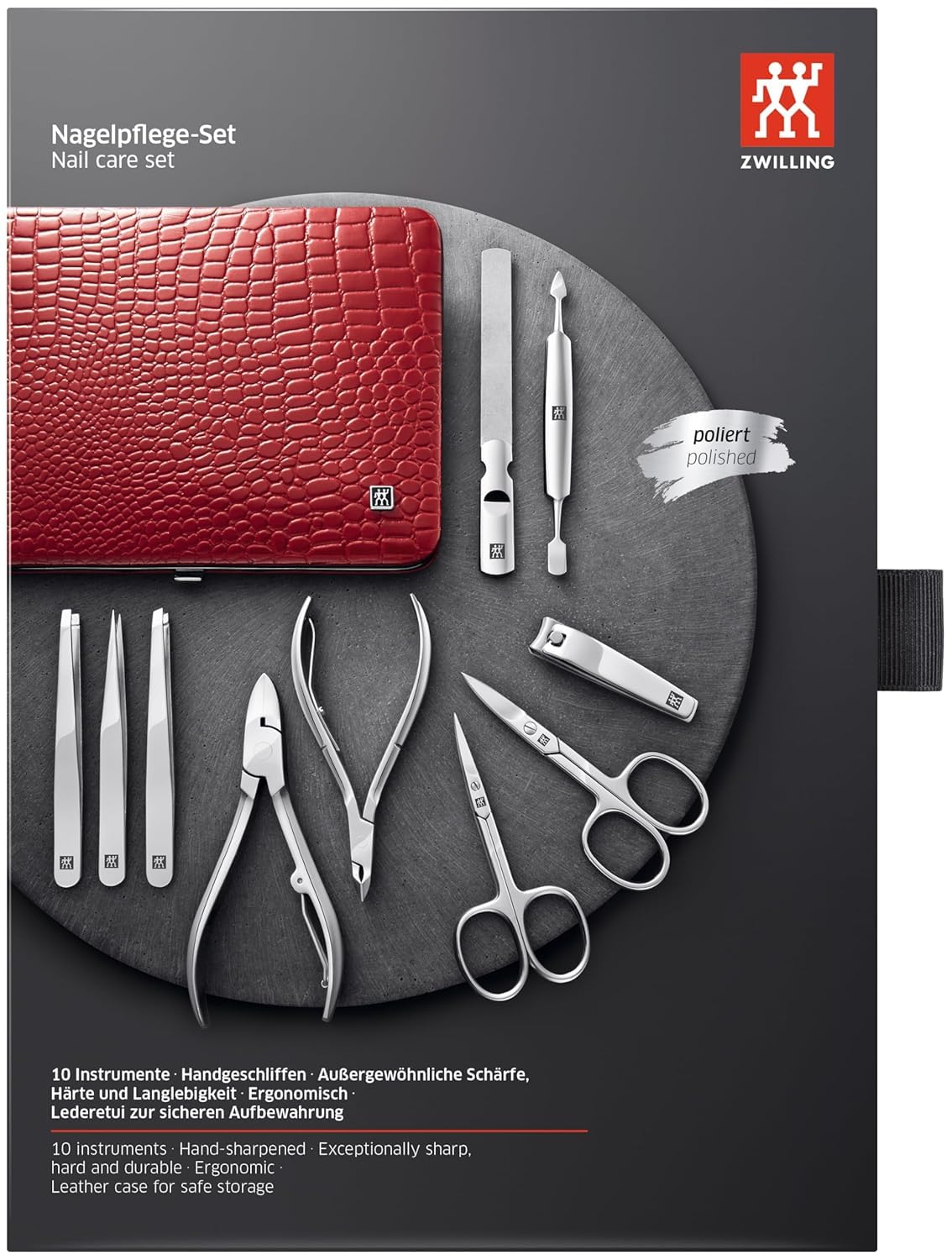 ZWILLING Maniküreset (5 Teilig, für Pflege der Finger- und Fußnägel, Echt Leder Etui mit Metallrahmen), Edelstahl Poliert, Kroko Edition, Rot
