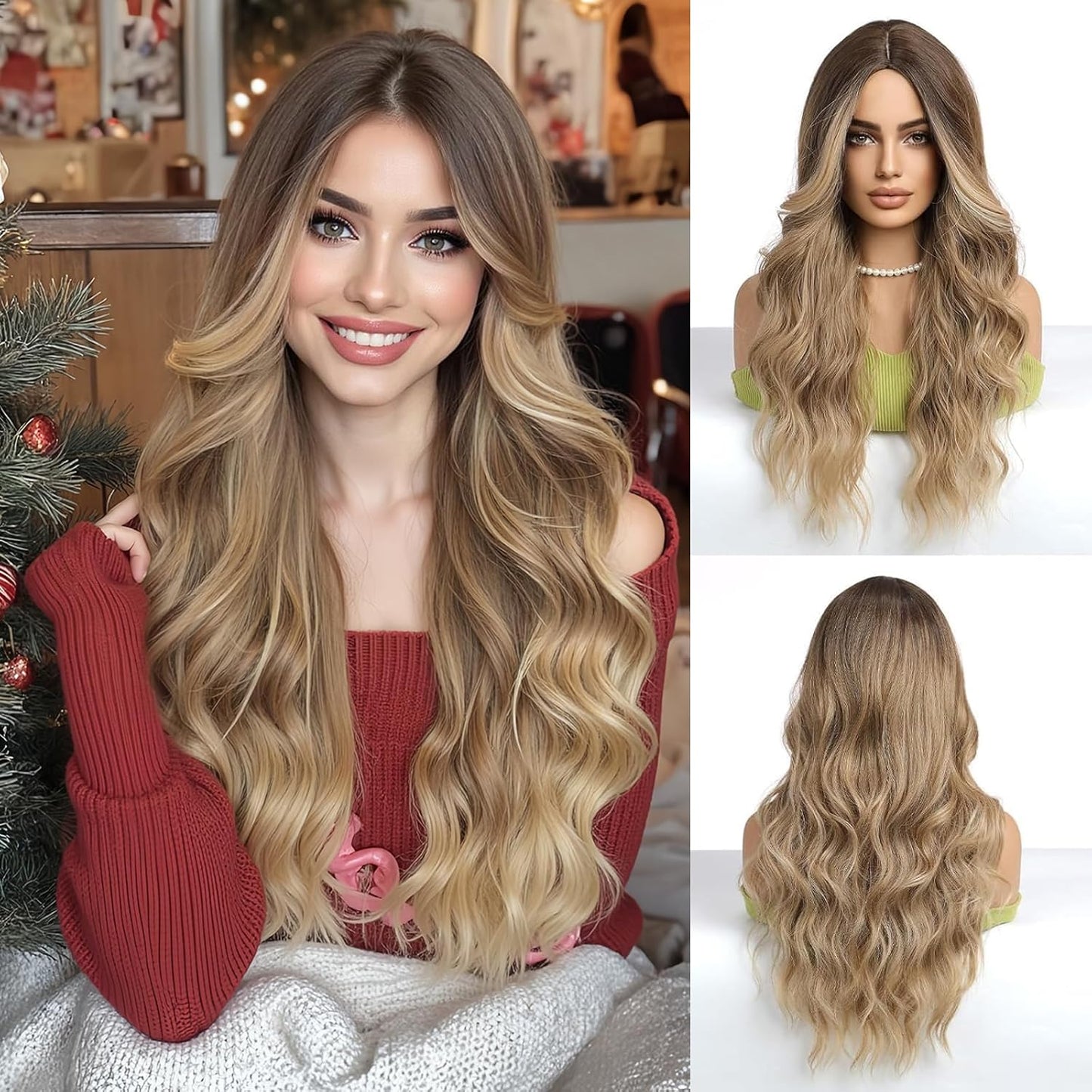 Lange Lockige Ombre Braun zu Blond Perücken für Frauen Synthetisches Haar Hitzebeständig Ombre Perücke für Tägliche Party Cosplay Verwendung