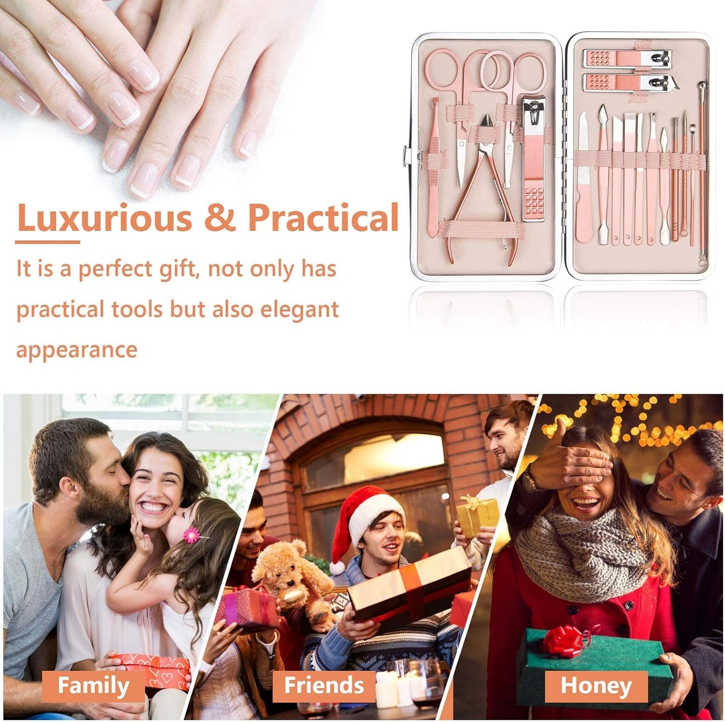URAQT Nagelknipser, 18-teiliges Maniküre Pediküre Set, Damen Edelstahl Werkzeuge, Professionelle Beauty Nagelpflege Kit für Zuhause, Reisen (Roségold)